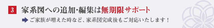 家系図への追加・編集は無期限サポート ご家族が増えた時など、家系図完成後もご対応いたします！